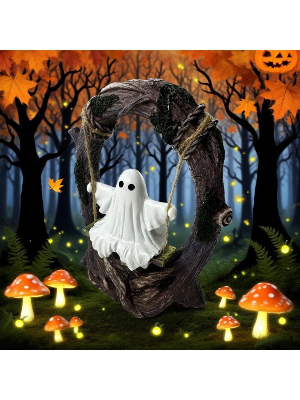 Swinging Ghost on Tree Swing Figurine Cute Halloween Indoor Outdoor Garden Decor - Picture 4 of 7